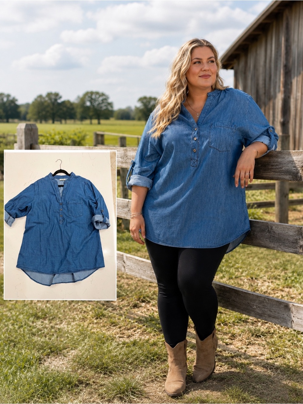 Women’s Chambray Denim Tunic Shirt 1X/2X Boho Lagenlook Country Girl